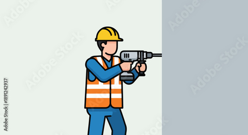 Construction Worker Drilling Wall Repair Renovation Building.