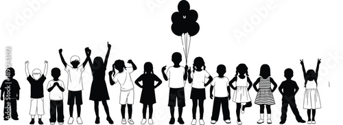 Group of Children Silhouette Vector Illustration, Happy Kids Standing in Row with Balloons, Diverse Childhood Characters, Stencil Art, Educational Banner