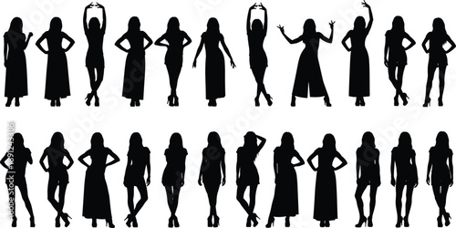 Female silhouette fashion poses, standing walking sitting, outfit variety illustration, posture comparison, artistic women shapes, vector black design