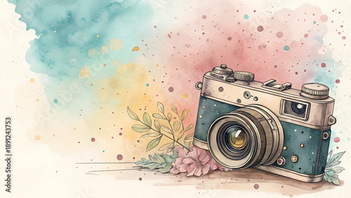 Watercolor background with soft pastel splashes surrounding a vintage camera illustration, artistic and creative vibe