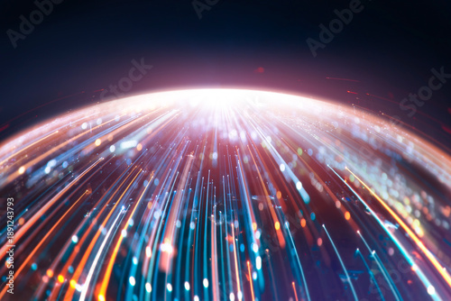 Speed lines on Abstract blue planet with glowing stars and dynamic motion design. technology background