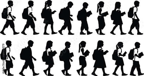 Large Diverse Collection of People and Children Silhouettes Standing Playing Walking and Reading Isolated on White Background for School Education Family and Creative Graphic Design