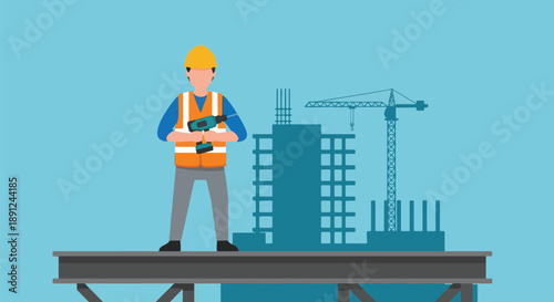 Construction Worker With Drill Building Site Crane Cartoon.