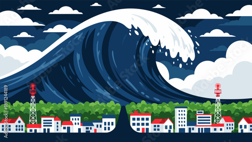 Massive tsunami wave threatening coastal town illustration vector graphic