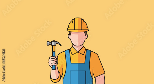 Builder Holding Hammer Construction Worker Yellow Background.