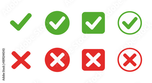 Check Mark and Cross Icon Set – Approved and Rejected Symbols Vector Illustration