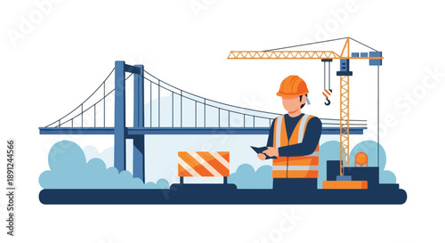 Construction Worker Inspecting Bridge Project with Crane.