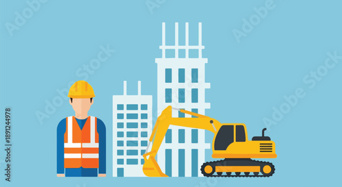 Construction Worker  Excavator with Buildings - Infrastructure Concept.