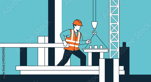 Construction Worker Installing Structural Beam Building Crane Safety.