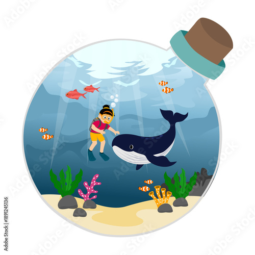 Cute little kids diving to see the beauty of the deep sea with whale. kid diving under the ocean illustration. Vector illustration of swimming and diving underwater.