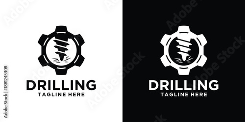 Drilling Logo Design with Gear and Drill Bit for Business.