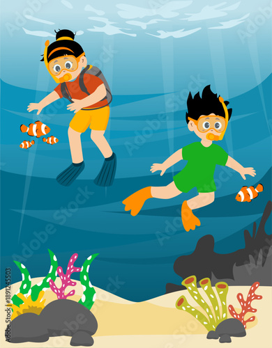 Cute little kids diving to see the beauty of the deep sea. kid diving under the ocean illustration. Vector illustration of swimming and diving underwater.
