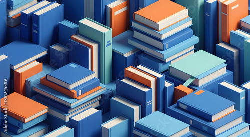 Aerial Whisk view of stacked books in varying shades of blue and orange, illustrating a 3D representation of literature