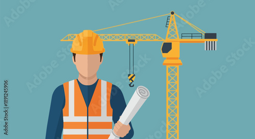 Construction Worker with Crane and Blueprint Building Project Concept.