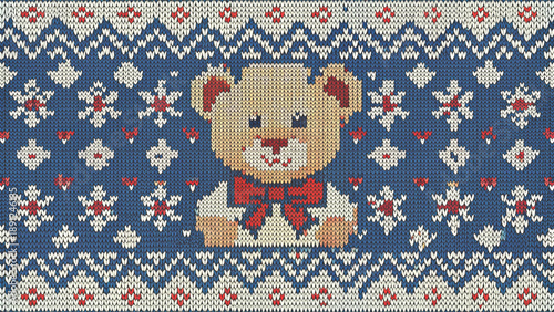seamless knitted nordic pattern cute  teddy bear vector background 