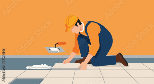 Tiling Construction Worker Laying Tiles Home Improvement.