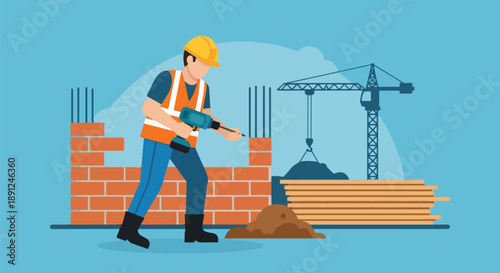 Construction Worker With Drill  Brick Wall Building Site.