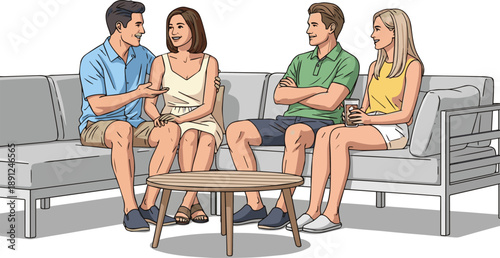 Create a realistic Two couples sitting on an outdoor patio sofa and talking. vector art with white background.