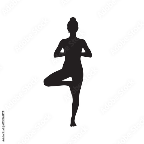 Vector silhouette of a yoga tree pose, clean outline, white background.