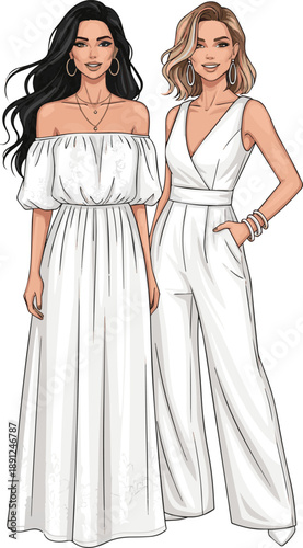 Create a realistic Two elegant sexy women in chic white summer clothes standing and smiling vector art with white background.