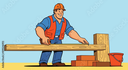 Construction worker carrying wooden beam.