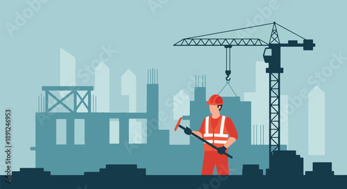 Construction worker with crane and building site.