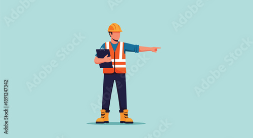 Construction worker pointing direction safety vest hard hat.