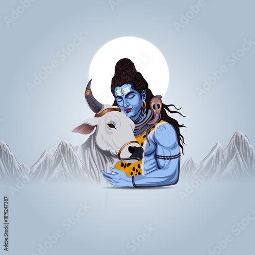 Vector illustration of happy maha Shivratri, lord shiva with his Ride Nandi {bull}, a Hindu festival celebrated of lord shiva night. 