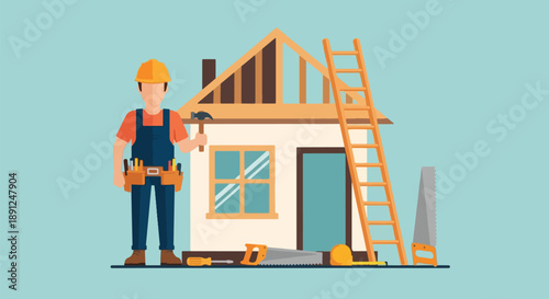 Builder constructing a house with tools and ladder.
