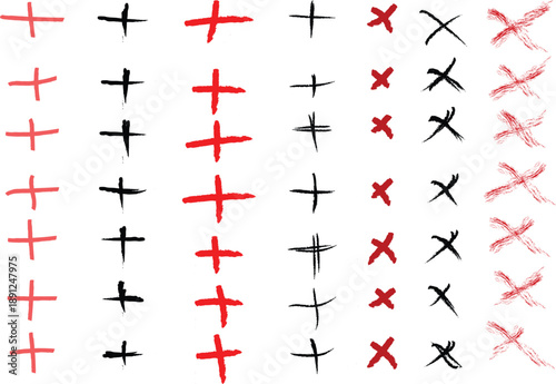 A collection of plus and times symbols in various colors and styles