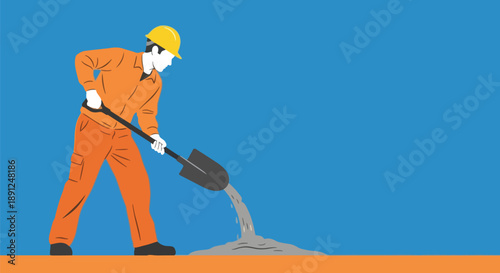 Construction worker in orange uniform shoveling concrete on a construction site.