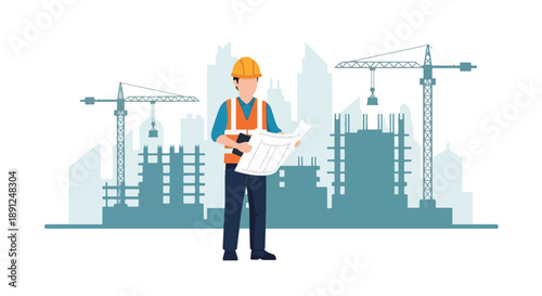 Construction Worker Reviewing Plans at City Skyscraper Building Site with Cranes.