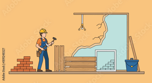 Construction Worker Repairing Wall with Bricks and Tools.