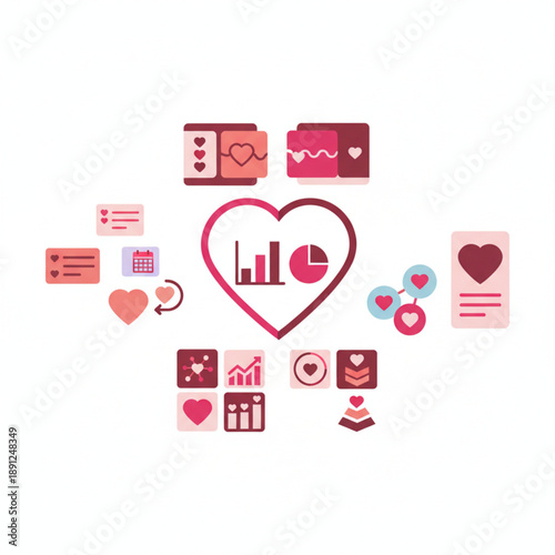 A comprehensive modern UI icon set for digital self-care, health tracking, and wellness reminders, featuring heart rate data, affection, and Valentine's day elements for mobile apps