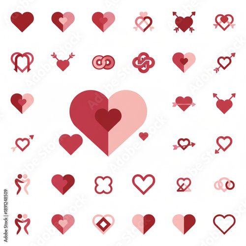 Collection of Flat Heart Icons and Love Symbols, Ideal for User Interface Design, Valentine's Day Projects, and Digital Graphics.