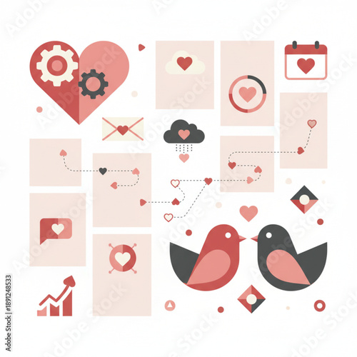 Digital Love & Relationship Communication Icons Set in Flat Design for Modern UI/UX Campaign Summaries and Online Valentine's Day Engagement Marketing Graphics