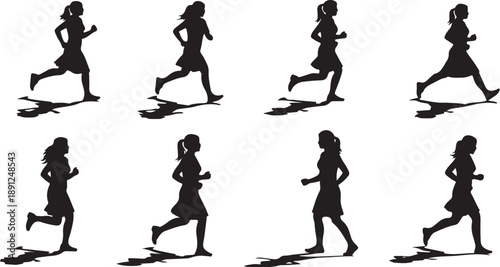Silhouettes of women running in various dynamic poses sequence