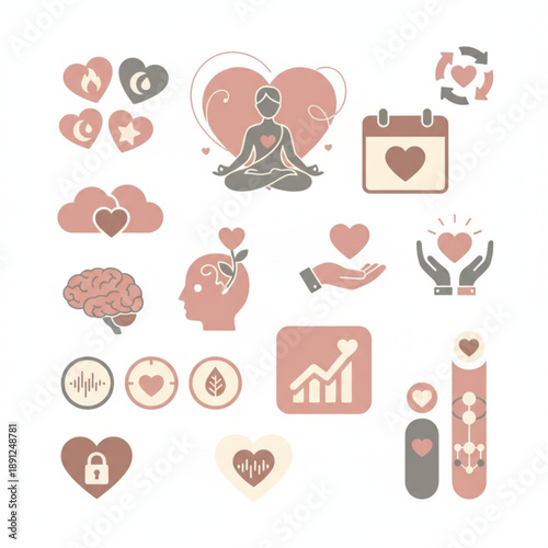 A collection of soft-toned icons symbolizing love, mindfulness, and health, perfect for UI and Valentine's Day themes