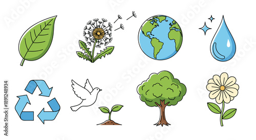 Comprehensive collection of environmental icons including a green leaf, dandelion, planet Earth, water droplet, recycling symbol, dove, and trees.