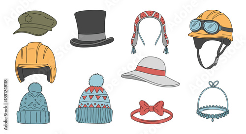 Wide selection of headwear for different occasions including a police cap, top hat, winter beanies, a sun hat, safety helmet, and headbands.