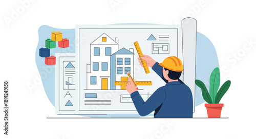 Architect working on building blueprints with ruler and pencil, planning new construction projects.