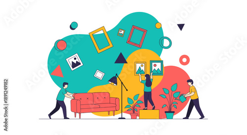 People arranging furniture, hanging pictures, and placing indoor plants while renovating or moving into a new home interior space.