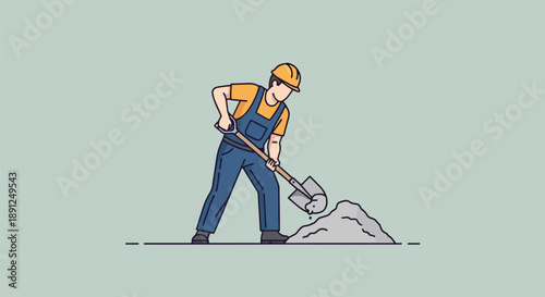 Construction Worker Digging With Shovel Site Laborer Building Industry.