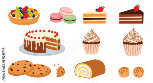 Large assortment of colorful baked goods and sweets including fruit tarts, macarons, layered cakes, cupcakes, cookies, and a swiss roll.