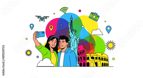 Young happy couple takes a colorful selfie while famous international landmarks like the Statue of Liberty and Colosseum float around them emphasizing global travel.