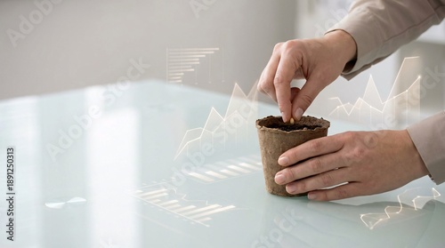 Person planting a seed in a small pot with overlaid financial growth charts, symbolizing investment and business development.