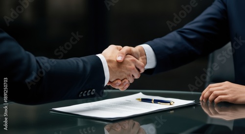 Business handshake over contract on reflective glass table with pen and hands