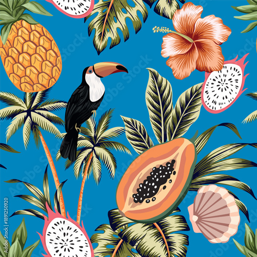 Toucan, hibiscus flower, shell, pineapple, papaya fruit, palm, leaves seamless pattern.. Summer tropical exotic print.