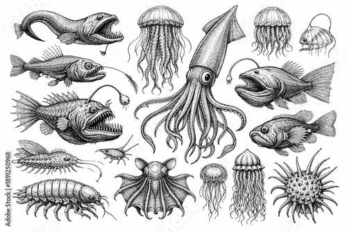Detailed black and white illustrations of deep sea creatures and marine life