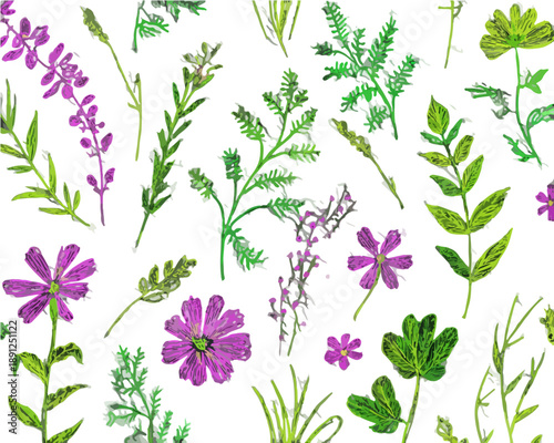 Padrão botânico sem costura com ilustração aquarela de folhas verdes e delicadas flores roxas, perfeito para designs transparentes e fundos de primavera.